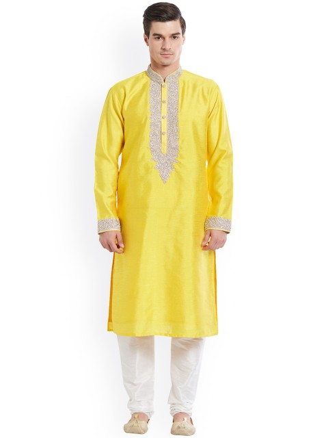 

Indian Poshakh Men Yellow Embroidered Kurta with Pyjamas