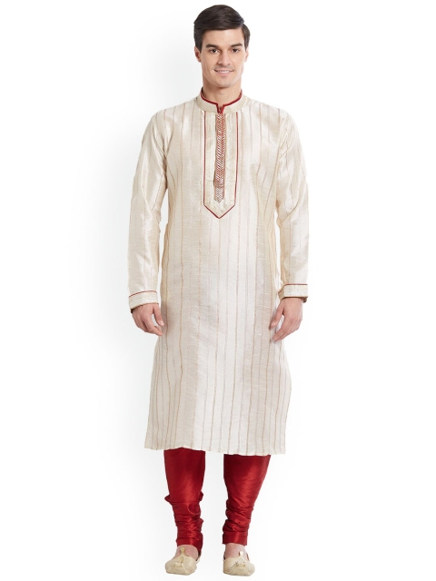 

Indian Poshakh Men White Striped Kurta with Churidar