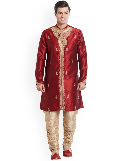 

Indian Poshakh Men Maroon Ethnic Motifs Embroidered Kurta with Pyjamas
