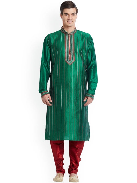 

Indian Poshakh Men Green Striped Kurta with Pyjamas