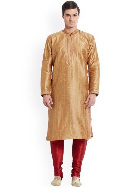 

Indian Poshakh Men Gold-Toned Striped Kurta with Pyjamas