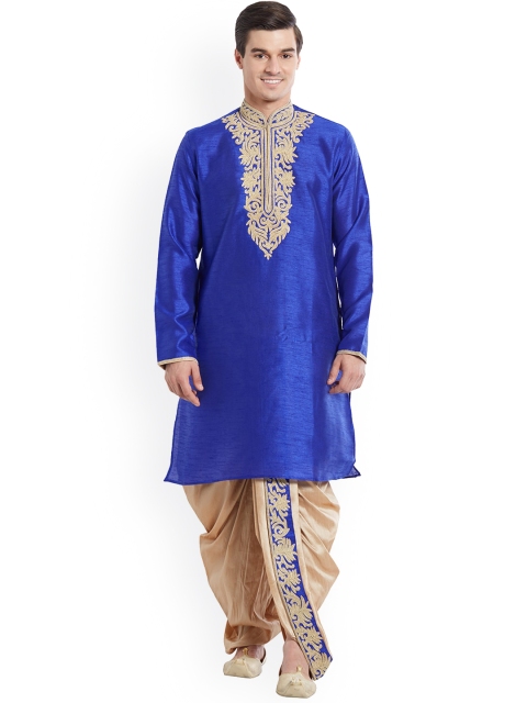 

Indian Poshakh Men Blue Embroidered Kurta with Dhoti Pants