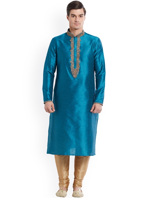 

Indian Poshakh Men Blue Embroidered Kurta with Churidar