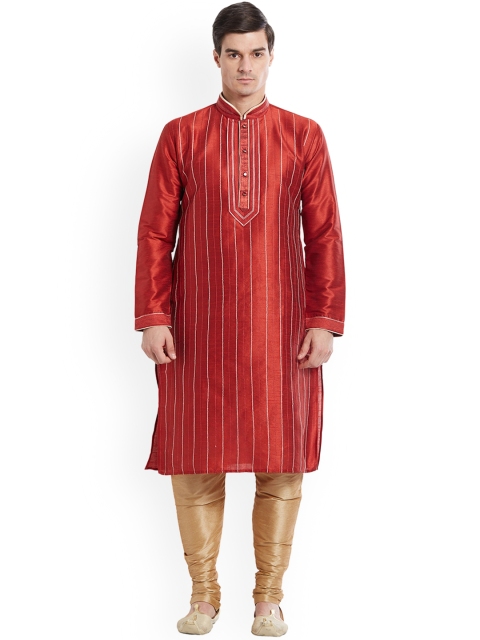 

Indian Poshakh Men Maroon Striped Thread Work Dupion Silk Kurta with Pyjamas