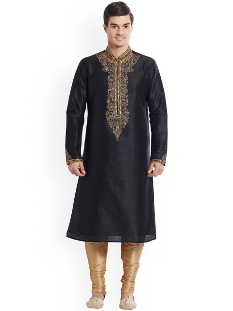 

Indian Poshakh Men Black Ethnic Motifs Yoke Design Beads and Stones Dupion Silk Kurta with Pyjamas