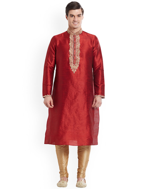 

Indian Poshakh Men Maroon Yoke Design Kurta with Churidar