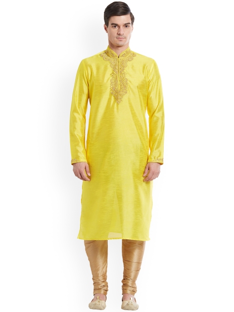 

Indian Poshakh Men Yellow Yoke Design Kurta with Pyjamas