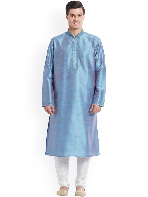 

Indian Poshakh Men Blue Embroidered Kurta with Pyjamas