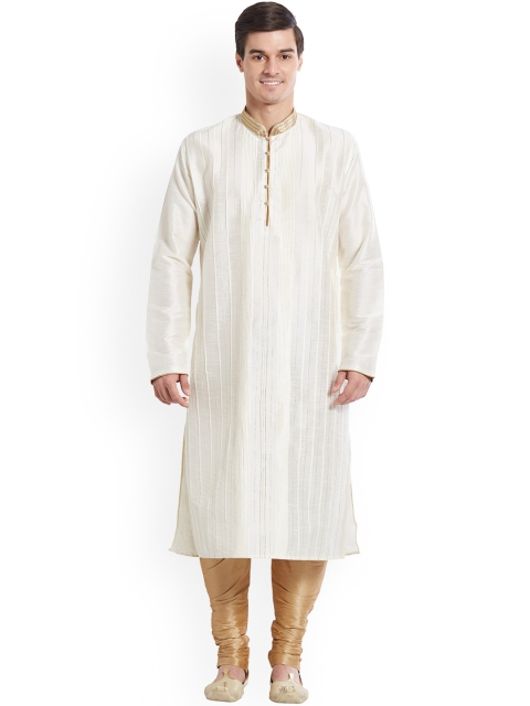 

Indian Poshakh Men White Striped Silk Kurta set
