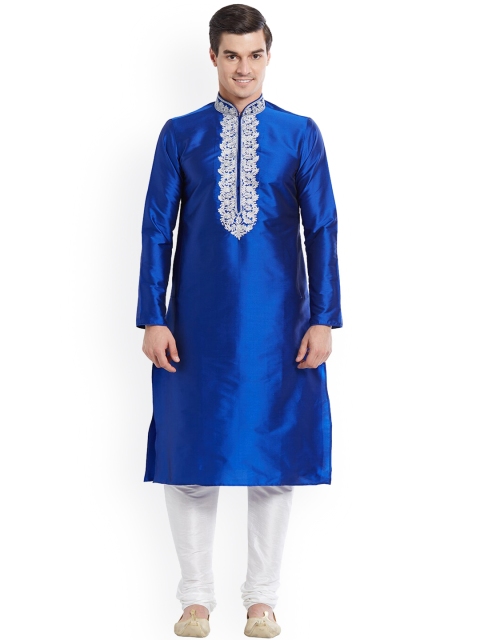 

Indian Poshakh Men Blue Embroidered Kurta with Pyjamas