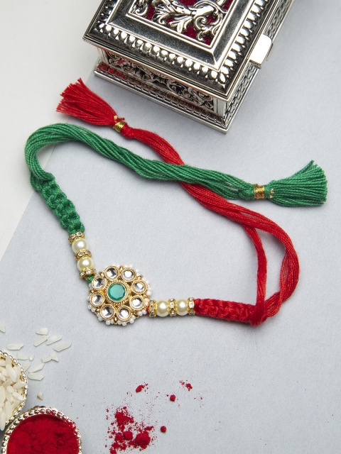 

CURIO COTTAGE Green & White Kundan Studded & Beaded Rakhi