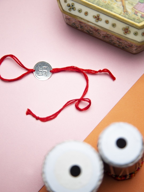 

CURIO COTTAGE Silver-Toned Red Thread Pure Silver Rakhi