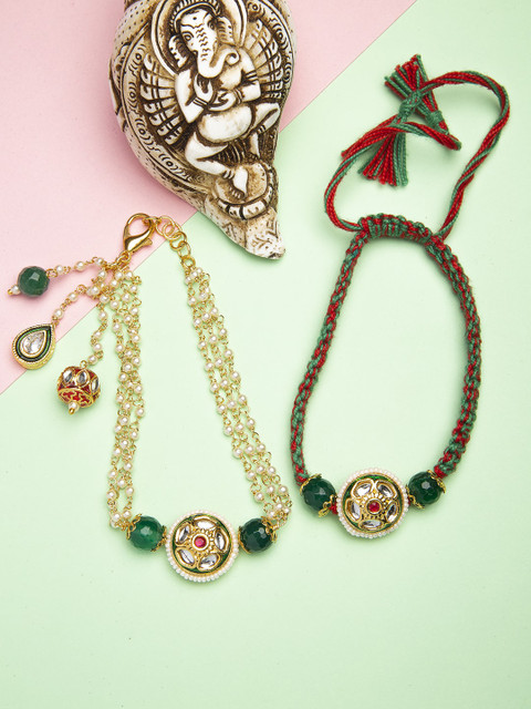 

CURIO COTTAGE Women Set Of 2 Gold-Toned & Green Enamelled Lumba Rakhi