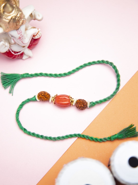 

CURIO COTTAGE Green & Red Rudraksh & Carved Stone Rakhi