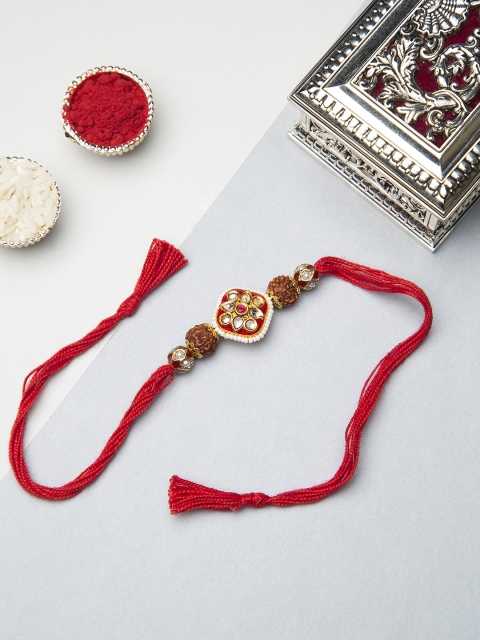 

CURIO COTTAGE Red Kundan Beaded Thread Rakhi With Roli-Chawal