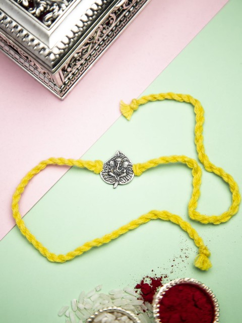 

CURIO COTTAGE Yellow & Silver-Toned Pure Silver Ganesha On The Holy Betel Leaf Rakhi