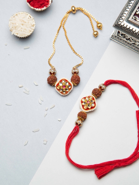 

CURIO COTTAGE Set Of 2 Red & White Kundan Studded Rakhi