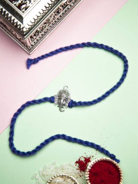 

CURIO COTTAGE Pure Silver Toned & Blue Pure Silver Ganesha Rakhi