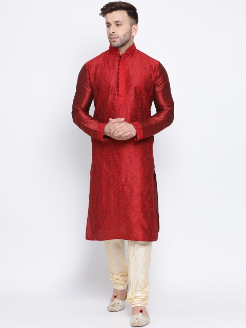 

NAMASKAR Men Maroon Linen Embroidered Kurta with Churidar
