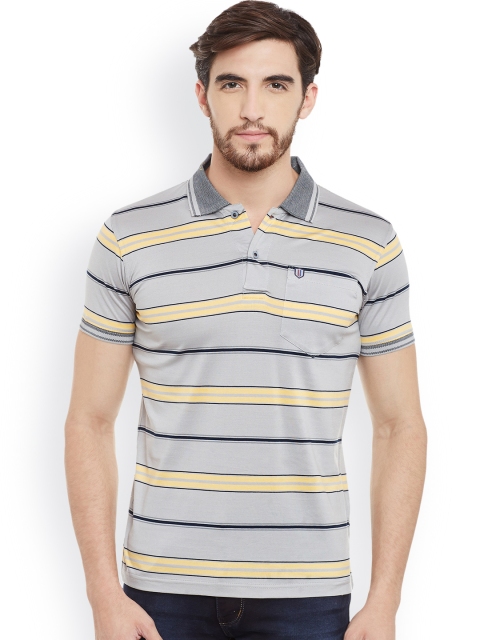

Duke Men Grey & Yellow Striped Polo Collar T-shirt