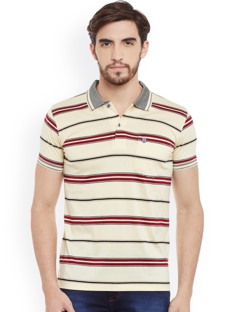 

Duke Men Yellow & Rust Red Striped Polo Collar T-shirt