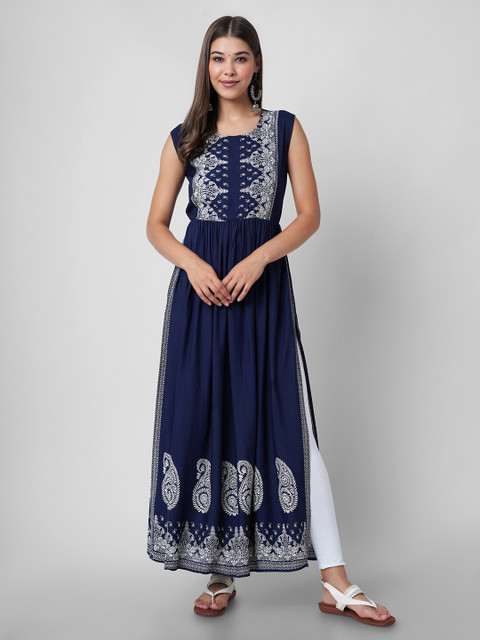 

DAEVISH Blue & White Ethnic Motifs Printed Maxi Dress