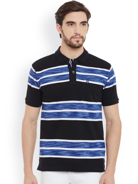 

Duke Men Black & Blue Striped Polo Collar T-shirt