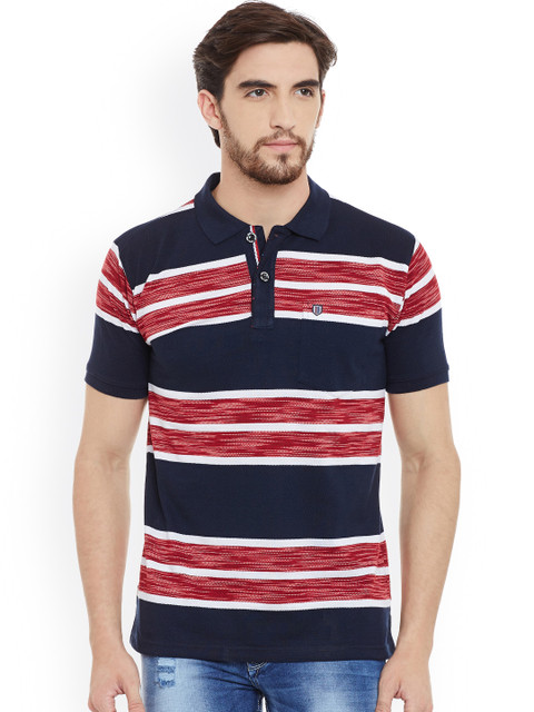 

Duke Men Navy Blue & Red Striped Polo Collar T-shirt