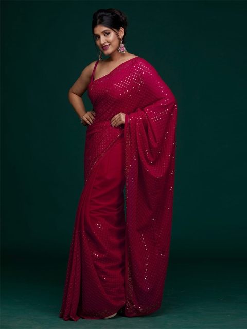 

elora Women Pink Embellished Sequinned Pure Georgette Bhagalpuri Saree