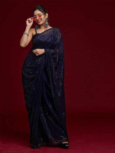 

elora Women Navy Blue Embellished Sequinned Pure Georgette Bhagalpuri Saree