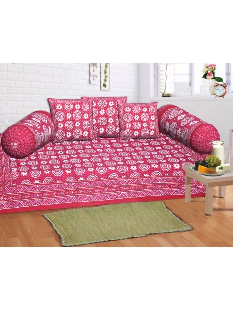 

INDHOME LIFE Set Of 6 Red & White Printed Jaipuri Print Floral Pure Cotton Diwan Set