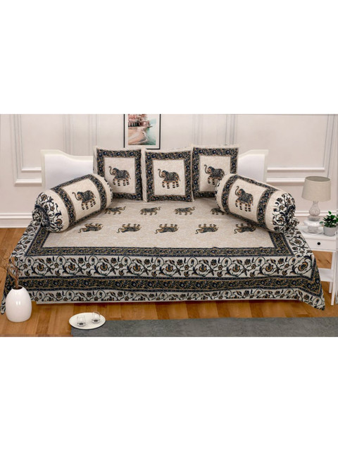 

INDHOME LIFE Set Of 6 Cream-Colored & Black Printed Cotton Bedsheet With Bolster & Cushion Covers