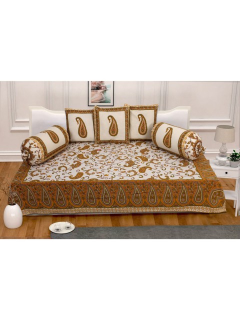 

INDHOME LIFE Set Of 6 Cream-Colored & Green Jaipuri Printed Pure Cotton Diwan Set