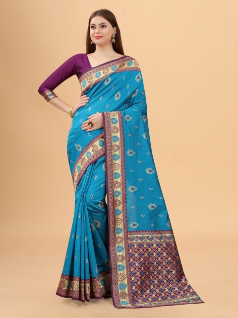 

WELL WORN Women Blue & Purple Woven Design Zari Silk Cotton Ready to Wear Banarasi Saree