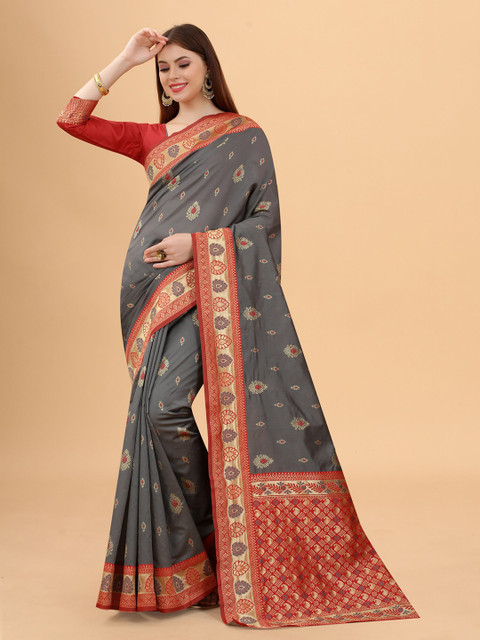 

WELL WORN Women Grey & Red Woven Design Zari Silk Cotton Ready to Wear Banarasi Saree