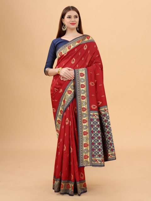 

WELL WORN Red & Navy Blue Woven Design Zari Silk Cotton Ready to Wear Banarasi Saree