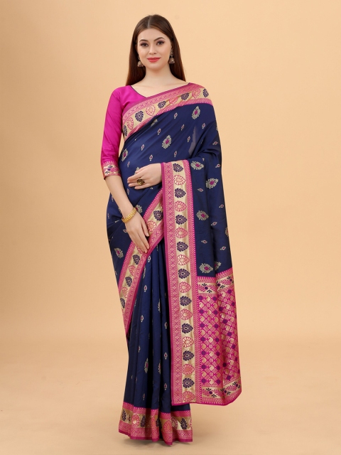 

WELL WORN Navy Blue & Pink Woven Design Zari Silk Cotton Banarasi Saree