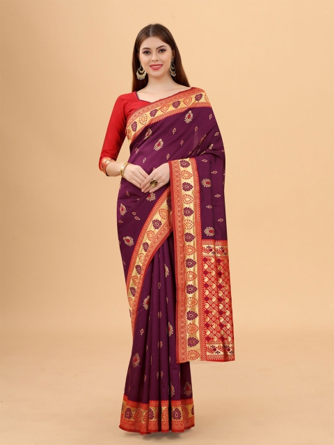 

WELL WORN Purple & Red Woven Design Zari Silk Cotton Ready to Wear Banarasi Saree