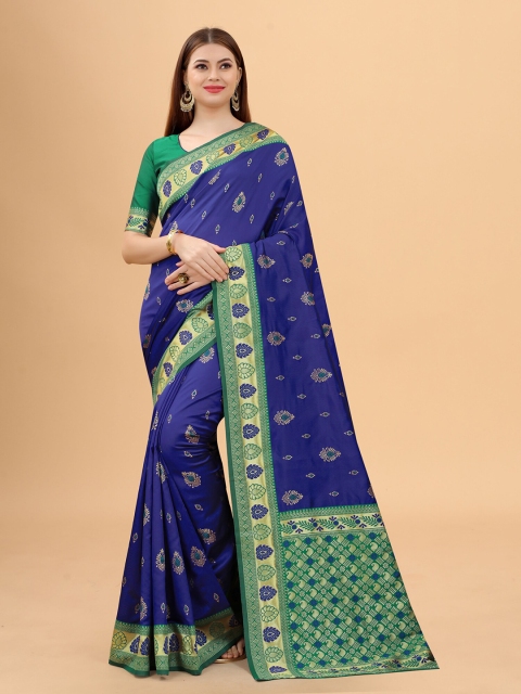 

WELL WORN Blue & Green Woven Design Zari Silk Cotton Ready to Wear Banarasi Saree