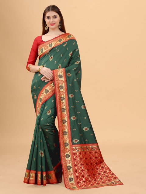 

WELL WORN Green & Red Woven Design Zari Silk Cotton Ready to Wear Banarasi Saree