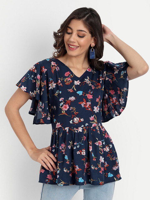 

GUNVANTI FAB Navy Blue Floral Print Crepe Peplum Top