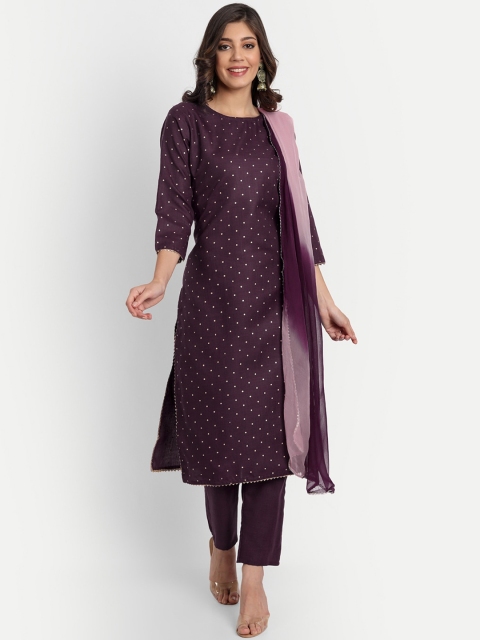 

GUNVANTI FAB Women Purple Printed Kurta with Trousers & With Dupatta