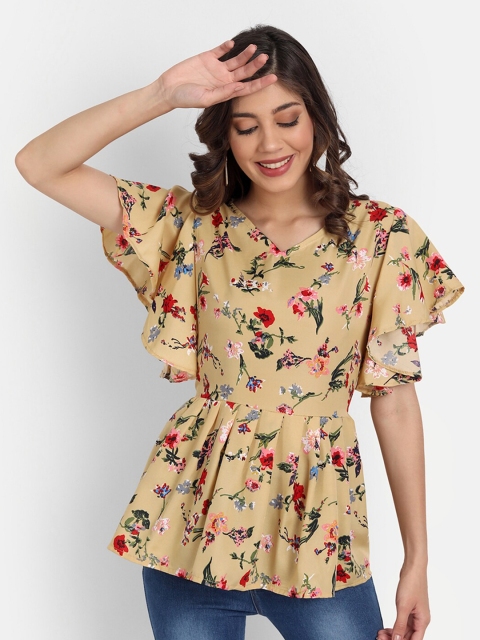 

GUNVANTI FAB Beige Floral Print Crepe Peplum Top
