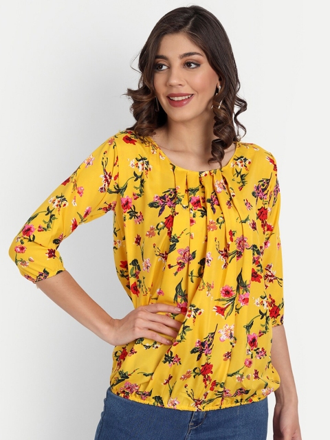 

GUNVANTI FAB Yellow Floral Print Crepe Blouson Top