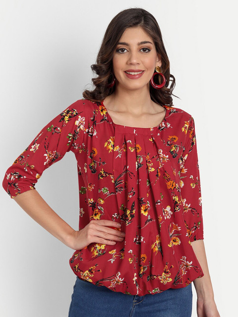 

GUNVANTI FAB Maroon Floral Print Crepe Blouson Top