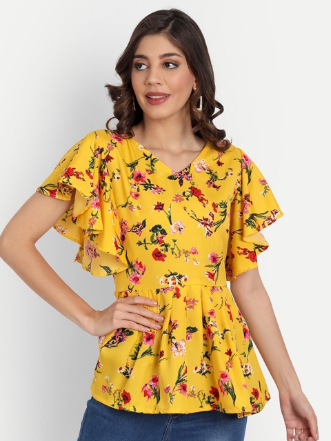 

GUNVANTI FAB Yellow Floral Print Crepe Wrap Top