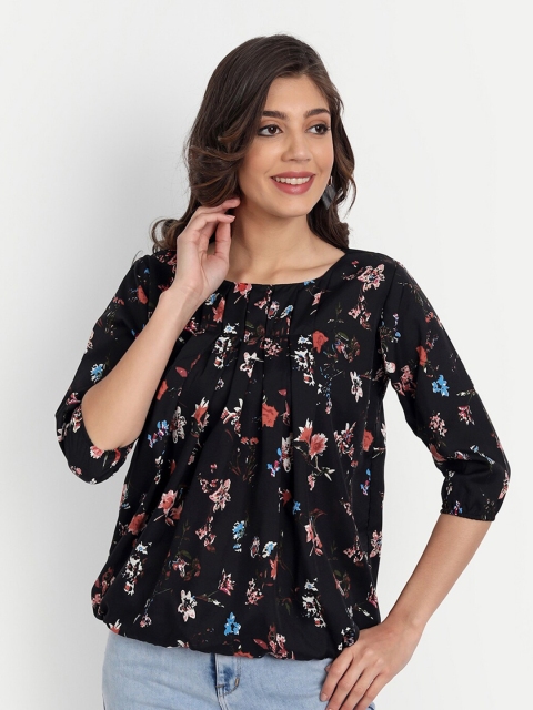 

GUNVANTI FAB Black Floral Print Crepe Blouson Top