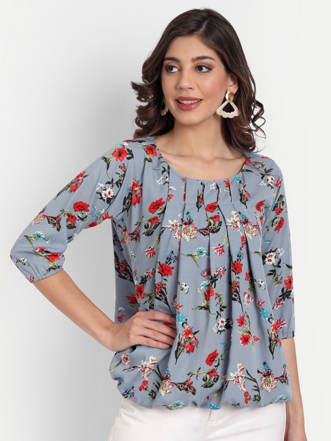 

GUNVANTI FAB Grey Floral Print Crepe Blouson Top