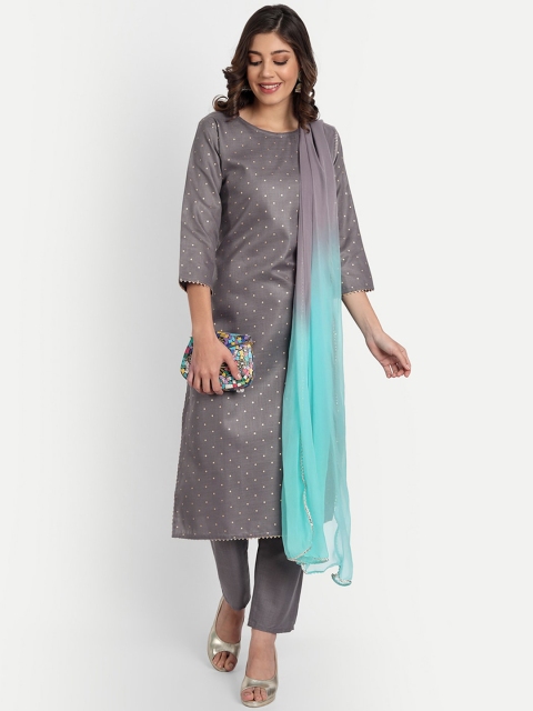 

GUNVANTI FAB Women Grey Layered Kurta with Trousers & With Dupatta