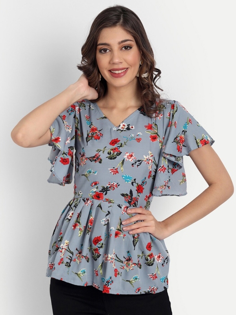

GUNVANTI FAB Grey Floral Print Crepe Peplum Top